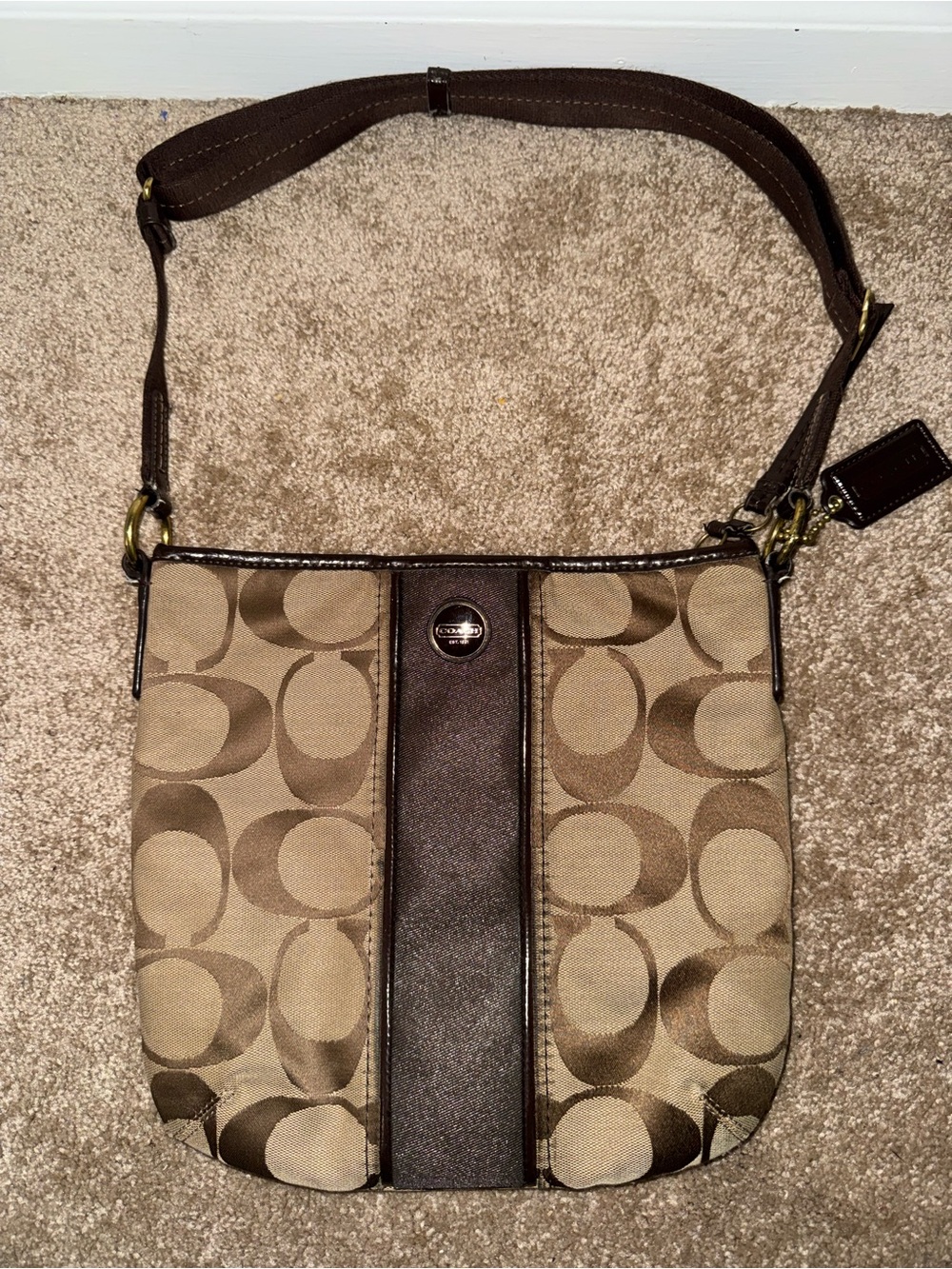 Coach Brown Signature Canvas Crossbody with Dark Brown Leather Trim